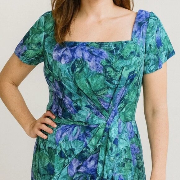 Dresses & Skirts - Vintage Isabell Gerhart Houston Dress Green Purple Floral Print Draped Cocktail